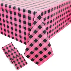 Sparkle and Bash Buffalo Plaid Table Covers for Girl Baby Shower (54 x 108 in, 3 Pack) Pink