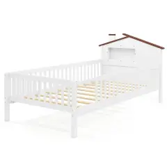 Wood Montessori Twin Bed with House-shaped Headboard, Guardrails, Built-in Storage Shelf White