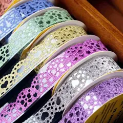 SallyFashion Lace Washi Tape, 6 Roll Lace Pattern Glitter Bling Self-Adhesive Tape Diamond Washi Tape Masking DIY Scrapbooking Lace Tape Sticker Color Random