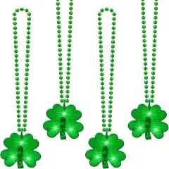 4Pcs Light up Shamrocks Beads Necklaces, St Patrick's Day Necklace Accessories Led Shamrocks Necklaces Metallic Green Bead Clovers Necklaces for Irish St. Patricks Day Party Favor Supplies