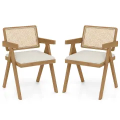 Set of 2 Rattan Accent Chairs with Padded Cushion & Rubber Wood Frame for Living Room Beige