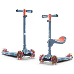 LaScoota 2-in-1 Kids Kick Scooter, Adjustable Height Handlebars and Removable Seat, 3 LED Lighted Wheels and Anti-Slip Deck, for Boys & Girls Aged 3-14 and up to 100 lbs, Sit and Scoot Fun Blue
