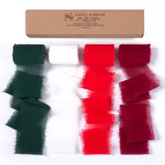 Christmas Chiffon Ribbon Handmade Frayed Fringe Sheer Boho Silk Ribbons for Gift Wrapping, Floral, Wedding Invitations, Bouquet, 1-1/2'' 5 Yards*4 Rolls