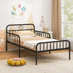 Twin Size Metal Bed Frame with Headboard Included Safety Side Guardrails Black
