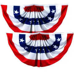 G128 2 Pack: USA Pleated Fan Flag, 2x4 Feet American USA Bunting Decoration Flags Printed Patriotic Stars & Stripes with Canvas Header and Brass Grommets
