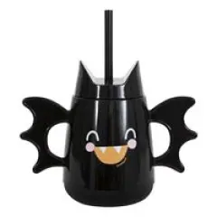 Groovy Halloween Bat-Shaped Reusable 16oz Plastic Tumbler with Straw