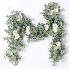 6.56ft Eucalyptus Garland with Flowers-8 White Roses, Artificial Fake Flowers Greenery Garland Floral Vines for Decoration Party Wedding Table Indoor Outdoor Backdrop Wall Decor(White)