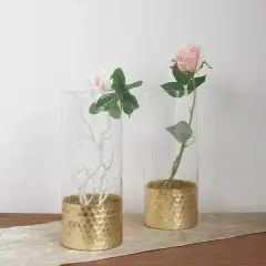 6 pcs 12" tall Clear Gold Glass Cylinder Honeycomb Vases Wedding Centerpieces