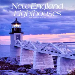 New England Lighthouses | 2026 12 x 24 Inch (Hanging) Monthly Square Wall Calendar | Plastic-Free