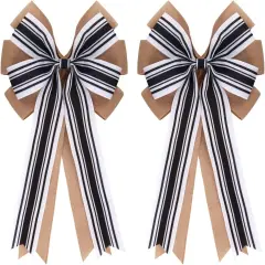 2 Pcs 20 x 10 Inch Large Double Burlap Bows Black and White Farmhouse Striped Wreaths Bow for Gift Wrapping Tree Topper Front Door Home Decorations