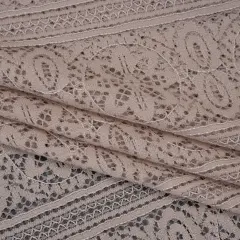1 Yard Taupe Re-Embroidered Lace Fabric Floral Medallion Stripes Finished Edge Sheer 50 Inch Width