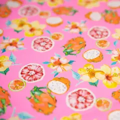 1 Yard Exotic Fruits and Yellow Hibiscus Flowers on Pink Printed Spandex Fabric 36" x 58/60" L by Wide