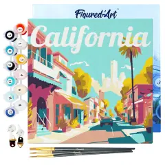 Figured'Art Mini Paint by Numbers Kit for Adults with Frame Travel Poster California Street Small format 8"x8" - Craft Art Painting DIY Canvas Already Stretched on a Wooden Frame