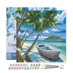 Figured'Art Paint by Numbers for Adults with Frame Boat under the Coconut trees 16"x20" - Craft Art Painting DIY Kit Canvas Already Stretched on a Wooden Frame
