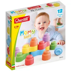 Quercetti: Momy Soft - 12pc Blocks Set, Colorful Washable Shapes, Sorting & Stacking, Construction Toy, Safe Early Development Play, Baby-Toddler 6mo+