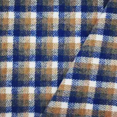 Blue-Beige-White Poly-Wool Single Sided Brush Plaid Jacketing Fabric By the Yard