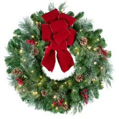 Haute Decor Indoor/Outdoor 24 Inch Pre-lit Artificial PE/PVC Christmas Wreath for Front Door with 50 Warm White LED Lights, Timer, Pinecones, Berries, and a Weather Safe Bow