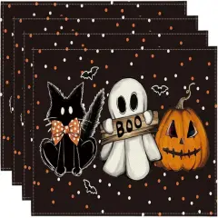 Set of 4 Polka Dot Halloween Placemats - 12x18 Inch (Black)
