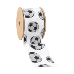 LaRibbons 2 1/2" Wired Cotton Ribbon | Glitter Soccer Balls on White | 10 Yard Roll