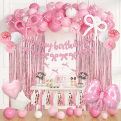 Pink Bow Birthday Party Decorations, Coquette Bow Light Pink and White Confetti Long Balloons Happy Birthday Banner Fringe Curtain Tassel Pompoms for Women Girls Theme Baby Shower Party Decorations