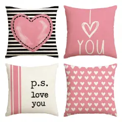 AVOIN colorlife Valentine's Day I Love You Throw Pillow Covers, 18 x 18 Inch Pink Valentine Heart Stripes p.s. Love You Wedding Cushion Case Decoration for Sofa Couch Set of 4