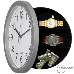 Wall Mounted Plastic Clock with Hidden Storage Door - Secret Interior Compartment, Hidden Safe for Storing Valuables Silver