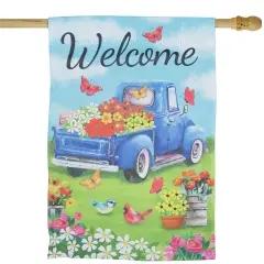 Northlight Welcome Pickup Truck with Flowers Outdoor House Flag 28" x 40" Blue