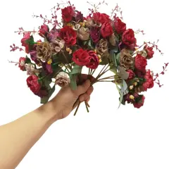 4 Bundles 21 Heads Artificial Fall Flowers Bouquets (Red Brown)