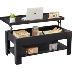 Modern Adjustable Lift Top Coffee Table with Hidden Storage Shelf for Living Room and Office Black