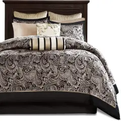 King 12 Piece Cotton Polyester Comforter Set Black Gold