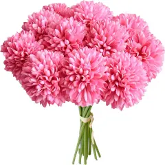 12 Artificial Ball Chrysanthemum Flowers with Stems - Hot Pink