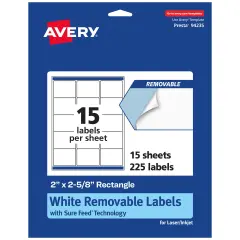 Avery Matte White Removable Rectangle Labels with Sure Feed Technology, 2" x 2-5/8"