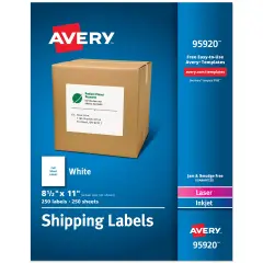 Avery Full Sheet Printable Shipping Labels, 8.5" x 11", White, 250 Blank Mailing Labels, Great for Packages, Product Labels, Organization, and More (95920)