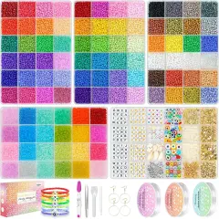 Friendship Bracelet Kit 3mm Seed Beads, 30000 Pcs 8/0 Glass Seed Beads 96 Colors Small Beads Bulk with Letter Bead Charms for Jewelry Making Girls Rings Necklaces