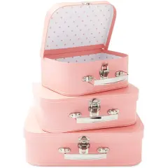 Set of 3 Different Sizes of Paperboard Suitcases with Metal Handles, Decorative Cardboard Storage Boxes (Pink)