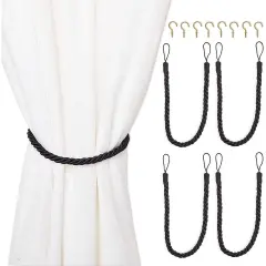 4-Pack Black Cotton Window Curtain Tiebacks Tie Back with 8 Hooks, 26" Holdbacks Rope for Drapes