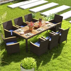 Costway 9PCS Outdoor Dining Set with Acacia Wood Table Top Patio Dining Set for 8 People Navy/Beige
