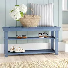 Wooden Shoe Rack Bench with Two Storage Shelves and 2-Seater Design for Entryway or Hallway Blue