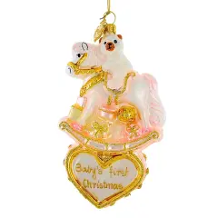 Huras Family 5.0 Inch Girl Rocking Horse On Heart Christmas Tree Ornament , Christmas Decor Baby's First Christmas Pink