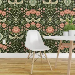 Pre-Pasted Wallpaper 2FT Wide Dark Bohemian Green Pink Flowers Traditional Arts And Crafts Bird Cottagecore Custom Pre-pasted Wallpaper by Spoonflower