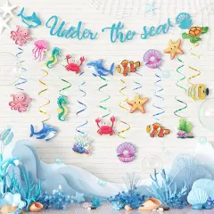 Under The Sea Party Decorations Supplies Banner Ocean Animals Themed Hanging Swirls and Banner Happy Birthday Decorations for Baby Shower Summer Beach Party