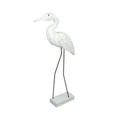 Hand Carved Wood and Metal White Egret Bird Statue 21 Inches High Coastal Decor