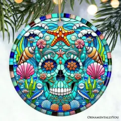 Oceanic Oasis Sugar Skull Stained Glass Style Ornament, Marine Wonder Christmas Gift and Decor
