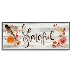 Be Grateful Boho Calligraphy Rustic Autumn Flowers Framed Giclee Art Black