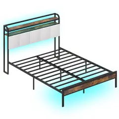 Queen Size Bed Frame with LED Light and Charging Station