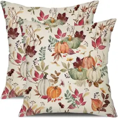 Set of 2 Fall Pumpkin Maple Leaf Pillow Covers 20x20 inch