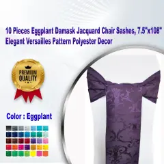 10 Pieces Eggplant Damask Jacquard Chair Sashes, 7.5"x108" Elegant Versailles Pattern Polyester Decor