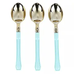24 Metallic Gold Blue Plastic 7" Spoons Handle Disposable Party Home Supplies