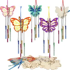 8 Pack 3D Butterfly Wind Chime Kit for Kids Make Your Own Butterfly Wind Chime Wooden Arts and Crafts for Kids DIY to Paint Butterfly Craft for Winter Spring Art Activity Birthday Party
