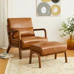 30.75"H Mid-Century PU Leather Armchair with Ottoman Set Camel
